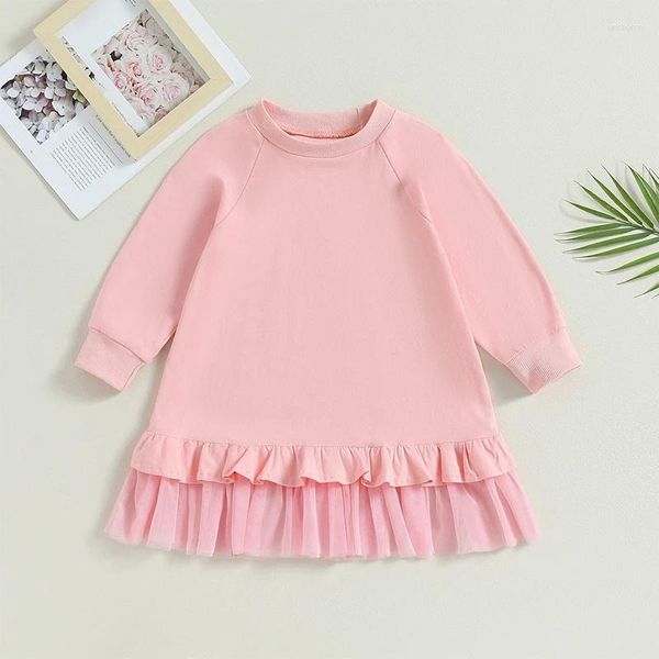 Abiti da ragazza Listenwind 3-6 anni Abito patchwork in tulle per bambini Abito rosa a maniche lunghe girocollo con orlo arricciato A-Line per la primavera autunno