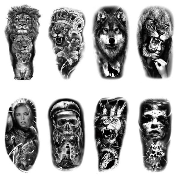 Piccolo adesivo per tatuaggio a trasferimento d'acqua con braccio intero XQB nuovo leone nero bellezza animale