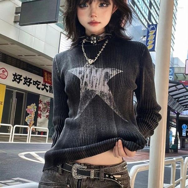 Maglioni da donna Nero Punk Goth Star Maglione lavorato a maglia stampato Pullover skinny a maniche lunghe Grunge E-girls Abbigliamento Inverno Y2K Streetwear Donna