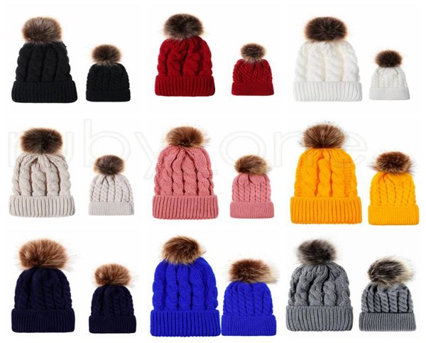 Bommel Ball Strickmütze Winter Warm Frauen Elternkind Strickmützen Strickmützen Nachahmung Geflecht Haarball Wollmütze 9styles5525266