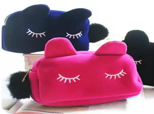 Bonito portátil dos desenhos animados gato caso de armazenamento viagem maquiagem flanela bolsa saco cosmético coreano e japão style6983221