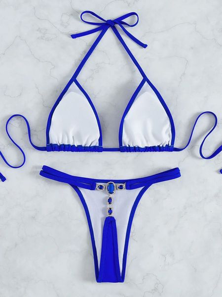 Bikini sexy donna blu royal cristallo diamante costumi da bagno costume da bagno bikini a triangolo set costume da bagno perizoma bikini da spiaggia femminile 240109