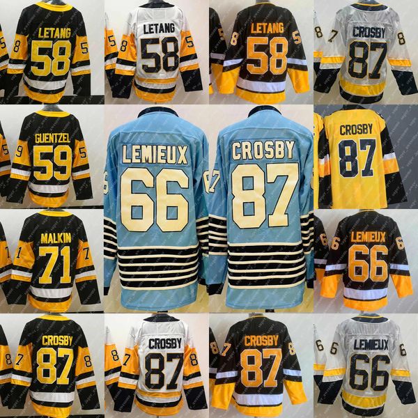 87 Maglia Sidney Crosby 58 Kris Letang 59 Jake Guentzel 66 Lemieux 71 Maglie hockey Evgeni Malkin Bianco Nero Giallo Azzurro Stadio 89