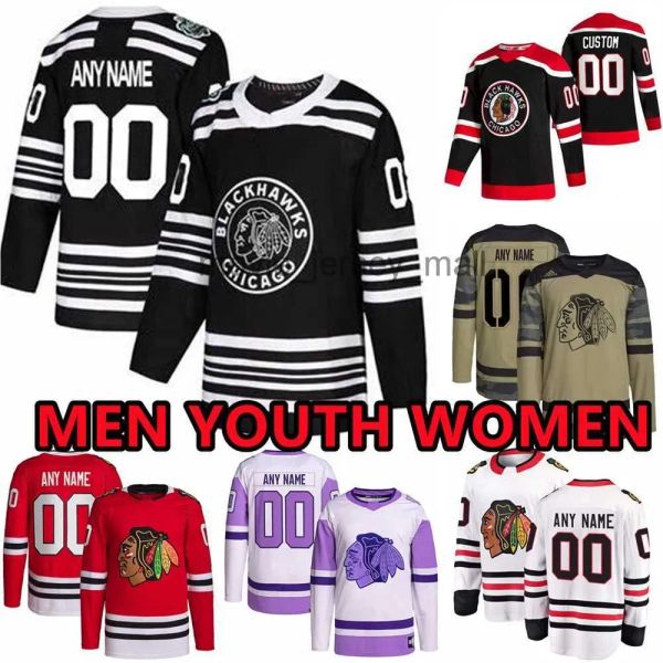 Benutzerdefinierte Hockey-Trikots Chicago''blackhawks''mens 9 Bobby Hull 82 Caleb Jones 19 Jonathan Toews 5 Connor Murphy 80 Zachery Andrews 89 Andreas 33