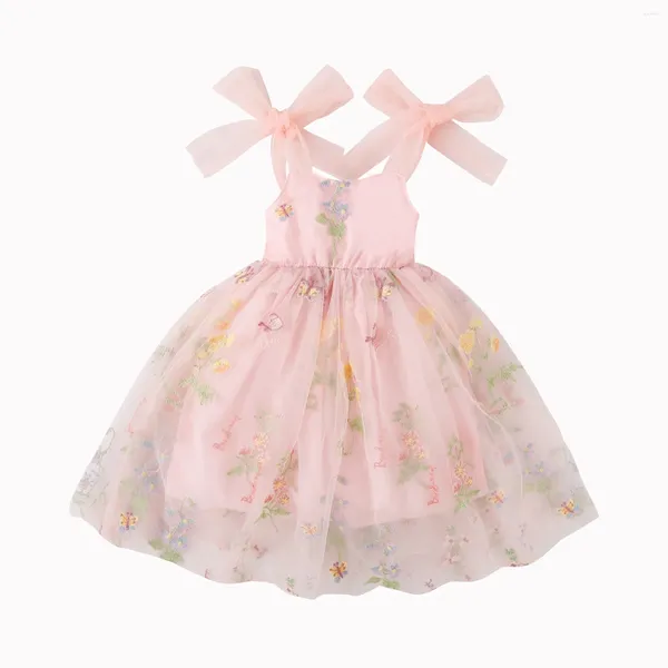 Vestidos da menina roupas infantis coreano meninas verão fada charme cinta malha pendurado flor bordado doce pequeno médio crianças vestido