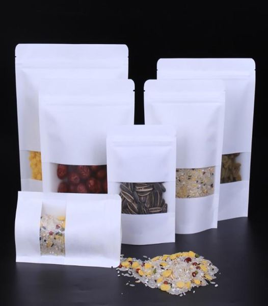 Weißes Kraftpapier Mylar SelfStyled Doypack-Beutel Behälter mit klarem Fenster Lebensmittel Tee Snack Paket Aufbewahrungstasche Verpackung Reißverschluss 6294410