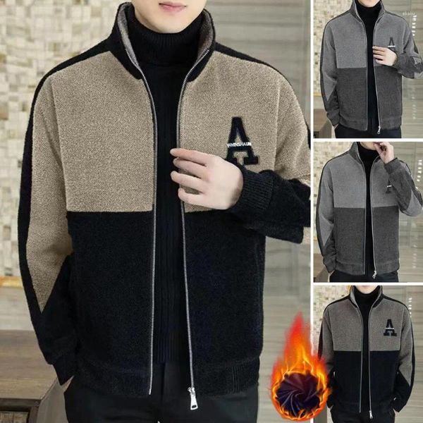 Jaquetas masculinas homens jaqueta de pelúcia grosso casaco de inverno quente com colarinho fecho de zíper elegante cardigan para outono temporada pescoço macio