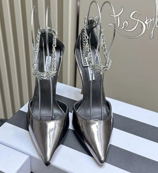 Aquazzura Scarpe Tacchi alti Sandali da festa Strass Grande décolleté ad ananas Punta a punta Cinturino alla caviglia Tacco a spillo Glary Specular Grigio scuro