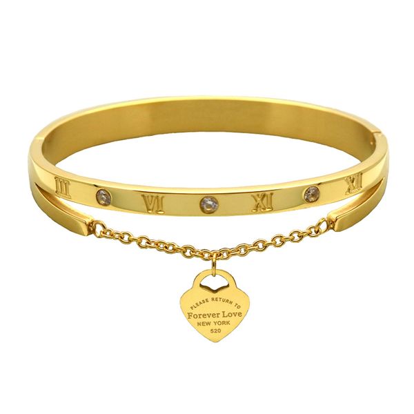 Herz-Armband für immer Liebe, römische Ziffer, Herz-Charm-Armband, Designer-Armreif, Titanstahl, 18 Karat vergoldet, für Frauen, Freundin, Schmuck, Geschenke