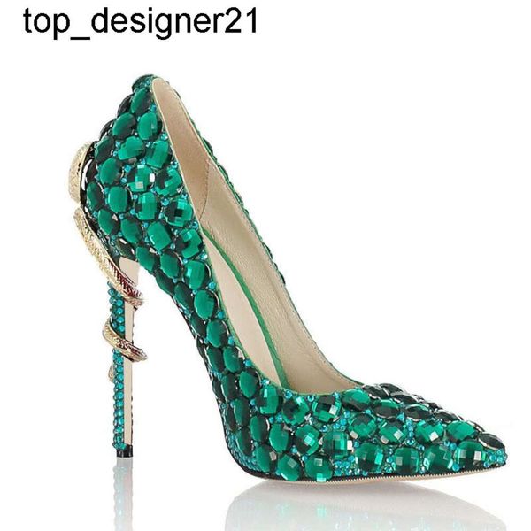 Yeni 24SS Tasarımcı-Yeşil Rhinestone Snake Topuk Elbise Ayakkabı Kadınları Eşsiz Gerçek Deri Ayak Ayak Parçası Yüksek Topuklu Pompalar Chaussures Femme Kadın Yüksek Topuk