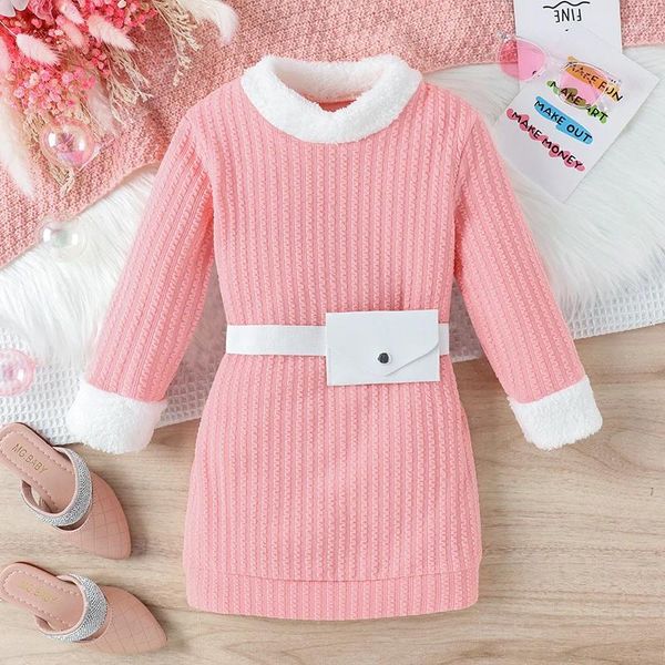 Mädchen Kleider Kinder Baby Mädchen Herbst Casual Prinzessin Kleid Rosa Langarm Plüsch Kragen Kabel Mit Weiß Gürtel Tasche