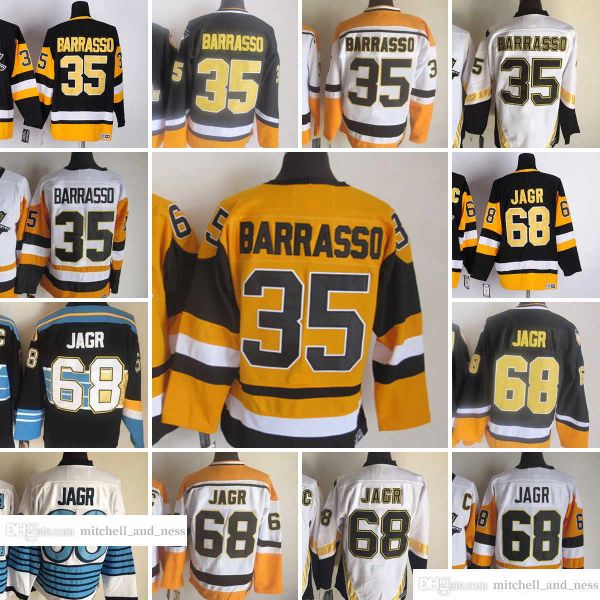 1967-1999 Film Retro CCM Maglia da hockey Ricamo 35 Tom Barrasso 68 Jaromir Jagr Bianco Nero Giallo Maglie vintage 42