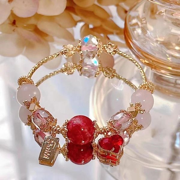 Braccialetti a maglie Rosso sangue Alxa Agata Naturale Polvere di cavallo Cristallo Fiore di pesco Matrimonio Amore Bracciale cielo stellato Regalo