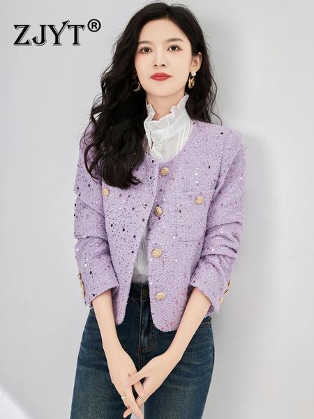 Zjyt luxo lantejoulas tweed jaqueta de lã para mulheres outono ropa de mujer manga longa casaco curto outerwear veste femme roxo 240109