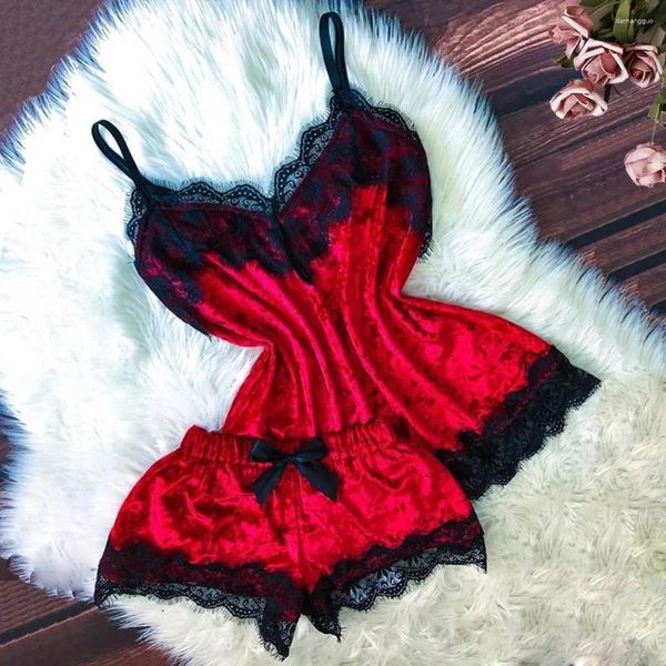 Kadınların Sweetwear Seksi Velvet Dantel Pijamaları Kadınlar V Yastık Kamosole Pijama Üst Bow Şort Vintage Gevşek Patchwork Kadın Yumuşak Gece Giysisi