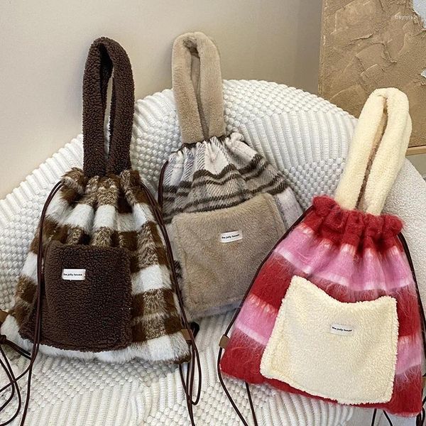 Borse da sera Youda Borsa a tracolla in tessuto di flanella per donna Borsa a mano scozzese in peluche con stringhe di moda Zaino shopper di grande capacità casual