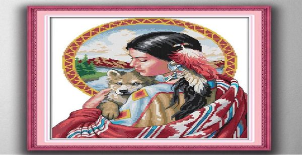 Индийская девушка, женщина и собака, стиль рисования, наборы для вышивки крестом, наборы для вышивания, картины, напечатанные на холсте, DMC 14C1389690