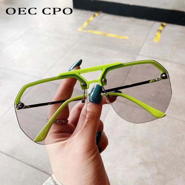 OEC CPO Mode Randlose Sonnenbrille Frauen Übergroße Grün Grau Sonnenbrille Damen Marke Brillen Vintage Big Shades UV400 240109