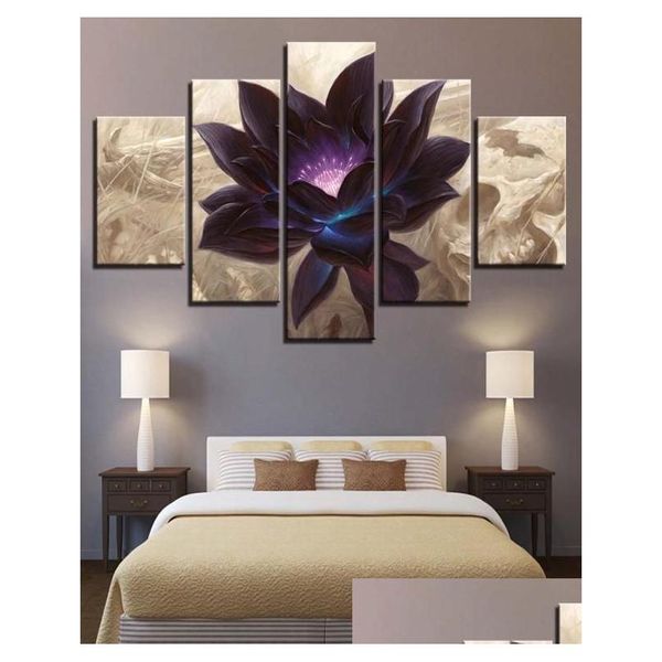 Dipinti Moderni Tela HD Stampato Poster Quadro Bebroom Decor 5 Pezzi Dipinti di loto nero Modar Wall Art Fiore astratto Goccia D Ot2N0