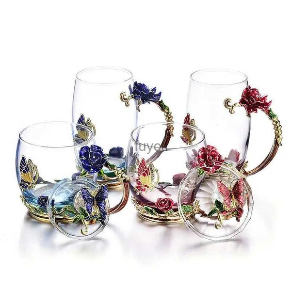Tassen, hochwertige Glastasse, Blumenbecher, Emaille-Kristall-Teeglas, Rose mit Handgriff, perfektes Geschenk für Liebhaber, Hochzeit, blaues Trinkgeschirr, Typ YQ240109