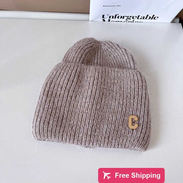 Berretto da baseball di design Netizen Lettera C Cappello di lana Autunno e inverno per bambini Cappello caldo lavorato a maglia Cappello con sventola larga Cappello pullover misto capelli di coniglio 6XQM