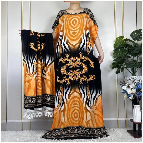 Ethnische Kleidung 2024 Neueste Frauen Kleid Großer Schal Baumwollstoff Afrikanische Abaya Lose Druck Blumen Boubou Maxi Islam Kurzarm Robe