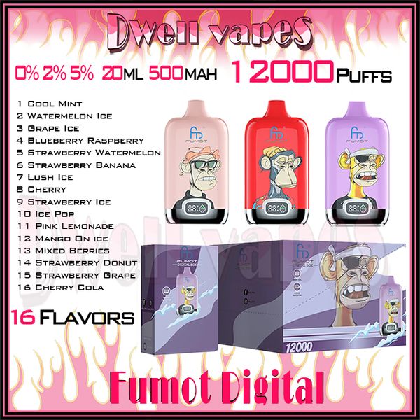 Fumot Digital 12000 Puff Одноразовый вейп 12k Puffs Электронные сигареты Vaper Устройство с перезаряжаемой батареей 500 мАч Картридж Pod Bar на 20 мл 0% 2% 3% 5% Уровень 16 Оптовый продавец вкусов