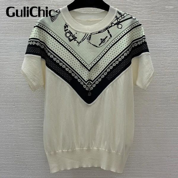 Maglioni da donna 9.18 GuliChic Donna Moda casual a pois Stampa geometrica Seta impiombata O-Collo Pullover Manica corta Maglieria Top