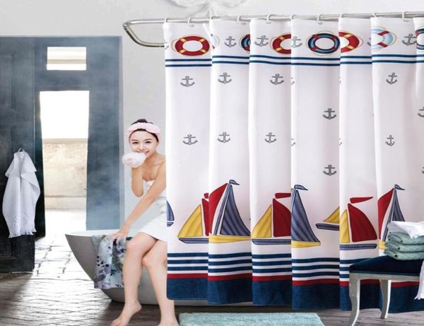 Cortinas de chuveiro para barco à vela estilo verão náutico azul marinho listrado cortinas de banho à prova d'água tecido de poliéster cortina de chuveiro com 3008130