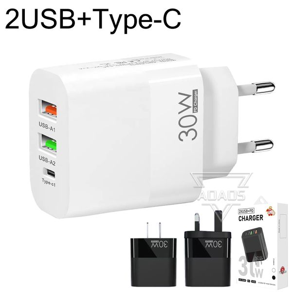 Adaptadores de parede multiportas 2USB + 1PD 30W carregador de laptop para telefone UE / EUA / Reino Unido adaptado para iphone Samsung Smart phone