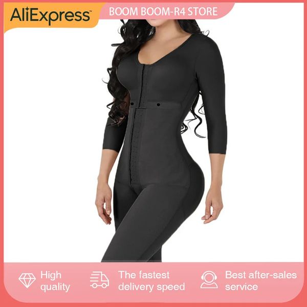 Fajas Colombianas Damen-Body Shaper, Bruststütze, seitlich, langärmelig, Bauchkontrolle, langer Bodysuit, Shapewear, Taillentrainer, 240108