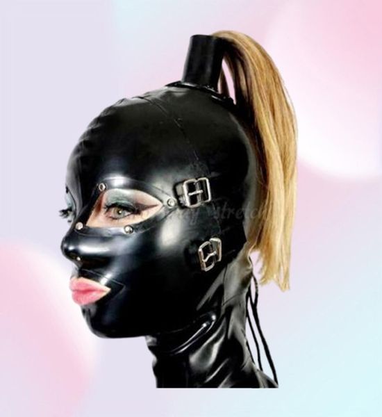 Erotische Sex-BDSM-Bondage-SM-Gummimaske mit Perücke, Fetisch-Haube mit abnehmbarer Augenbinde und Mund, Cosplay3045833