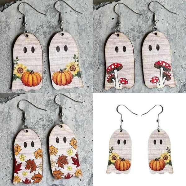 Ohrstecker, Ohrstecker, Kronleuchter, baumelnde Ohrringe, Holzschnitt, Druck, Kürbis, Pilz, Sonnenblume, Geist, Halloween, Damen, niedlicher Herbstschmuck, Großhandelsgeschenke