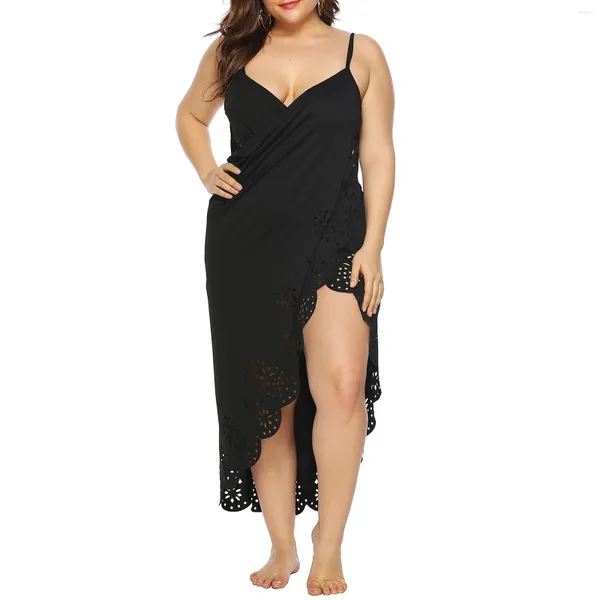 Sıradan elbiseler kadınlar büyük boyutlu dantel kamisül düz renk kayış plaj havlu seksi elbise