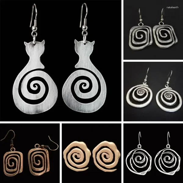 Orecchini pendenti vintage etnici in argento antico invecchiato, turbinii di colore, accessori di gioielli minimalisti geometrici a spirale esagerati