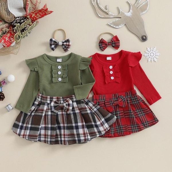 Conjuntos de roupas Pudcoco infantil nascido bebê meninas outono roupas manga longa macacão xadrez saia headband conjunto roupas