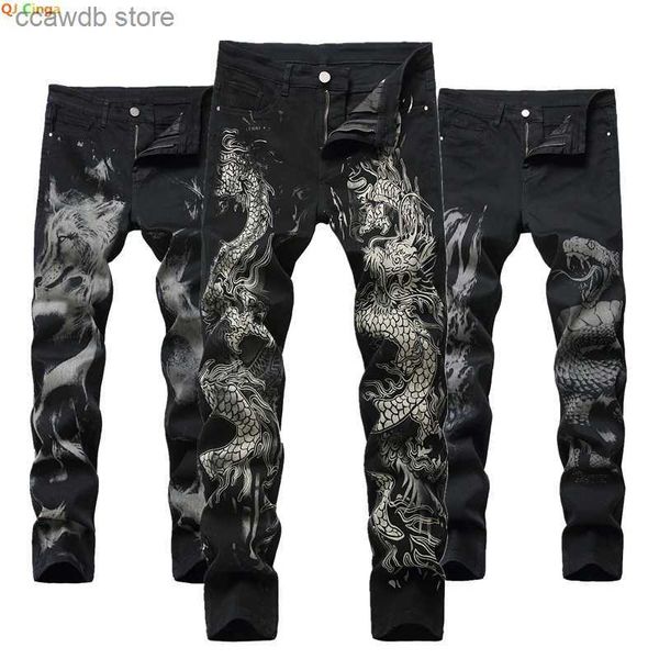 Jeans masculinos novos homens chinês na moda dragão preto jeans magros estiramento confortável moda hip-hop homens calças jeans streetwear calças de impressão t240109