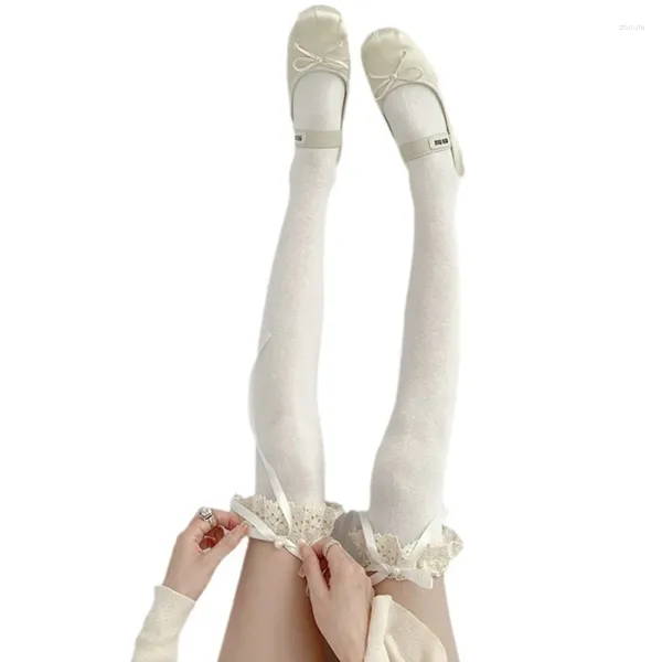 Kadınlar SOCKS Tatlı Bale Sheer Fırfırlı Uyluk Yüksek Çorap Lolitas Bow Lace Up Uzun Çoraplar Öğrenciler Diz Üzerinde Kızlar