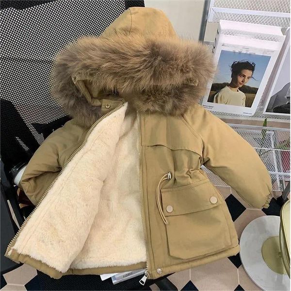 Para baixo casaco meninas parkas inverno manter quente crianças jaqueta moda grossa com gola de pele de pelúcia com capuz pesado para