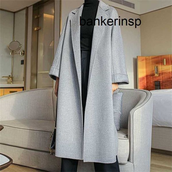 Cappotto di lusso Maxmaras 101801 Cappotto in pura lana Labbro Cappotto classico double face Puro cashmere Motivo a onde d'acqua Temperamento Grigio fumo Cappotto lungo in lana di lusso4WOL