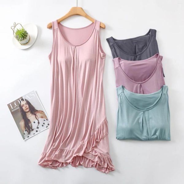 Sıradan Elbiseler Modal kolsuz elbise sütyen yastıklı o boyunlu sundress gevşek ev kıyafeti artı boyut nedensel tank sleepdress