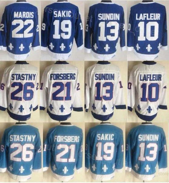 Erkekler Retro Hokey 13 Mats Sundin Jersey Vintage Classic 19 Joe Sakic 21 Peter Forsberg 26 Peter Stastny 10 Guy Lafleur Donanma Mavi Beyaz Takım 48