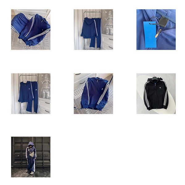 Terno retrô clássico de outono, três barras, zíper, top com capuz, shorts retos e soltos, tendência, moda, esportes, tudo com azul, preto, esportes, corrida, escalada de montanha