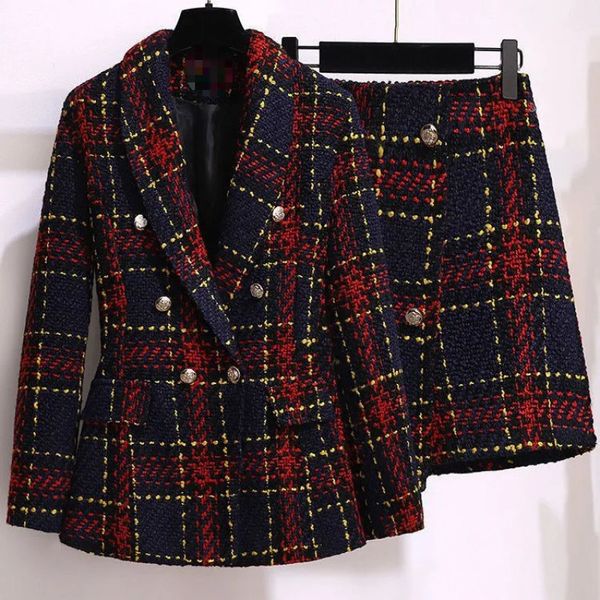 Completo da donna autunno business 2 pezzi giacca blazer in tweed cappotto e gonna set plaid due pezzi mini 240109