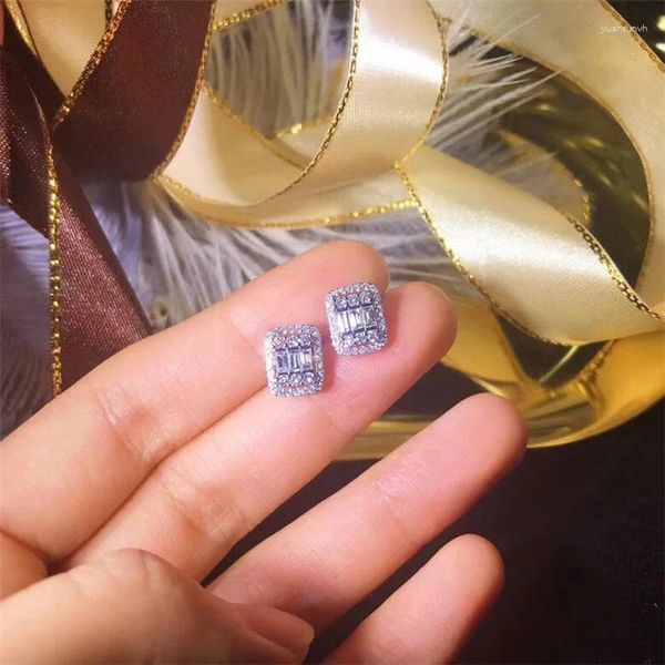 Серьги-гвоздики, роскошные женские геометрические квадратные кристаллы с цирконом, инкрустированные лестницей, CZ, модные серебряные иглы 925 пробы для женщин