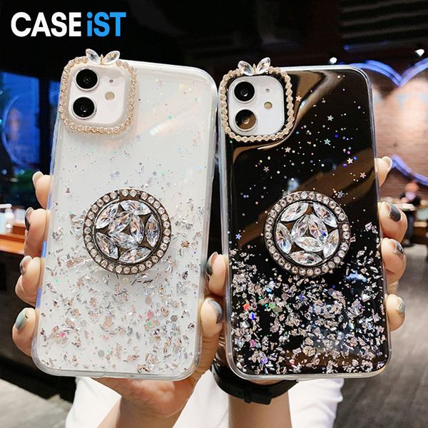 CASEiST Capa de telefone luxuosa com glitter e diamante com suporte de anel 3D strass suporte feminino presente capa de folha brilhante de TPU para iPhone 15 14 13 12 11 Pro Max XS 8 7 Plus Samsung X