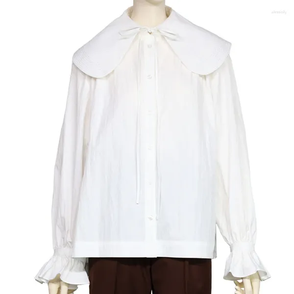 Blusas femininas lapela grande rendas até camisas borboleta manga longa topos todos os jogos senhora do escritório camisa branca roupas de primavera