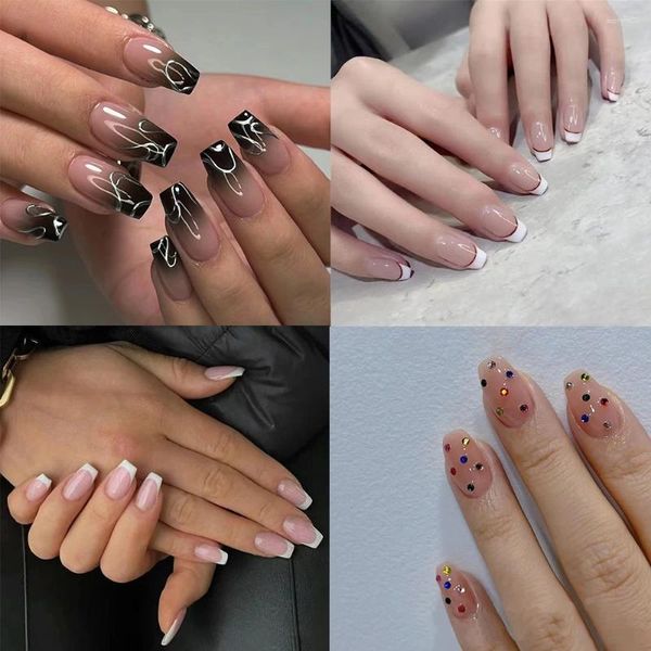 Unhas falsas wearable manicure bailarina destacável curto em forma de t cobertura completa prego quadrado cabeça francesa falsa mulher