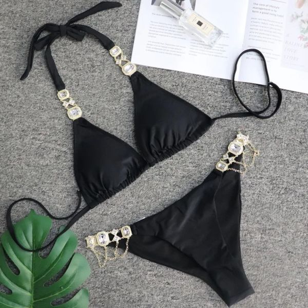 Costume da bagno bikini nero sexy con strass Costumi da bagno da donna Bikini push up femminile da spiaggia Costumi da bagno Costumi da bagno Piscina bagnante 240109