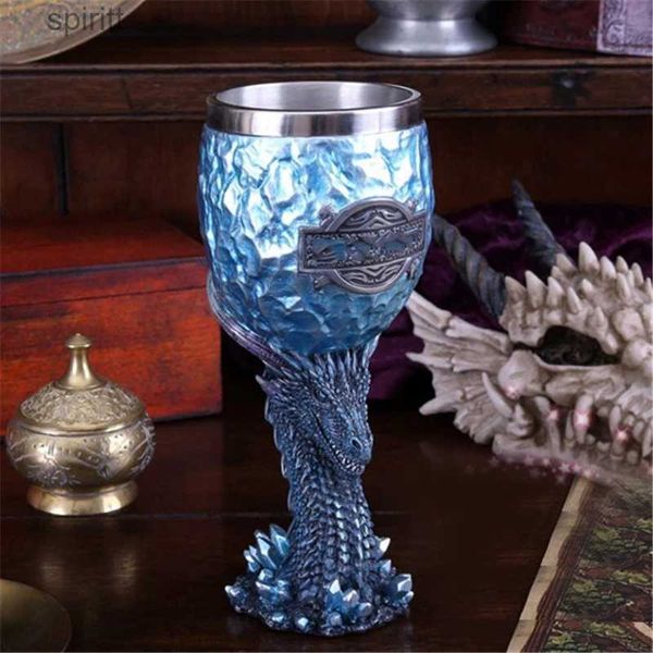 Bicchieri da vino Drago blu medievale Calice da vino Testa di teschio con artiglio Bicchiere in acciaio inossidabile Scheletro medievale Novità regalo gotico Natale YQ240105